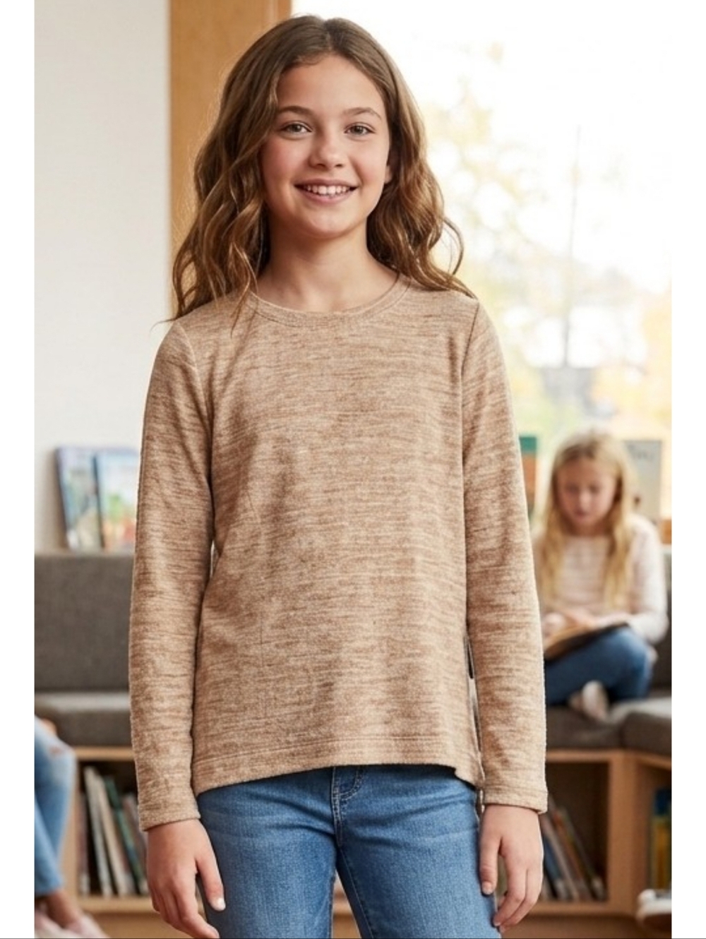 Old Navy Tan Cozy Knit Crewneck Hi low hem Size S (6-7)